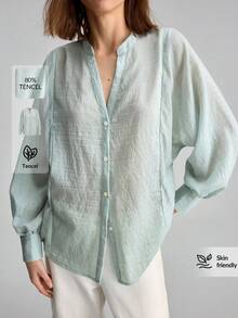 Ontre 女款薄荷綠優雅極簡修身襯衫，夏季早午餐親膚面料，立領長袖泡泡袖，商務休閒辦公穿搭 - 卡其色 - 查看 2