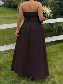 GalTyme Plus Size Solid Color Pleated Casual Everyday Dress - Chocolate Brown - View 2