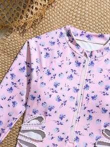 SHEIN 黄色底蓝色碎花连体泳衣，适合青少年女孩，防晒，休闲海滩度假游泳 - 淺粉色 - 查看 4