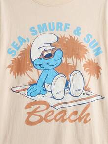 SHEIN X The Smurfs 大码女式圆领卡通字母印花休闲百搭日常T恤 - 卡其色 - 查看 4