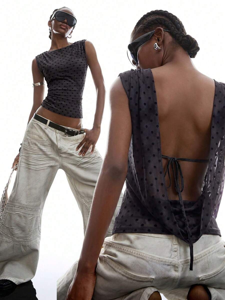 LYSMO Áo hai dây ôm dáng xếp ly in chấm bi đen tối giản mới năm 2026 dành cho nữ, thích hợp cho mùa xuân/hè. - màu đen - Xem 1