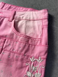 ROMWE MEN Street Life Quần short denim nam có túi, thêu đá lấp lánh. - Hồng - Xem 5