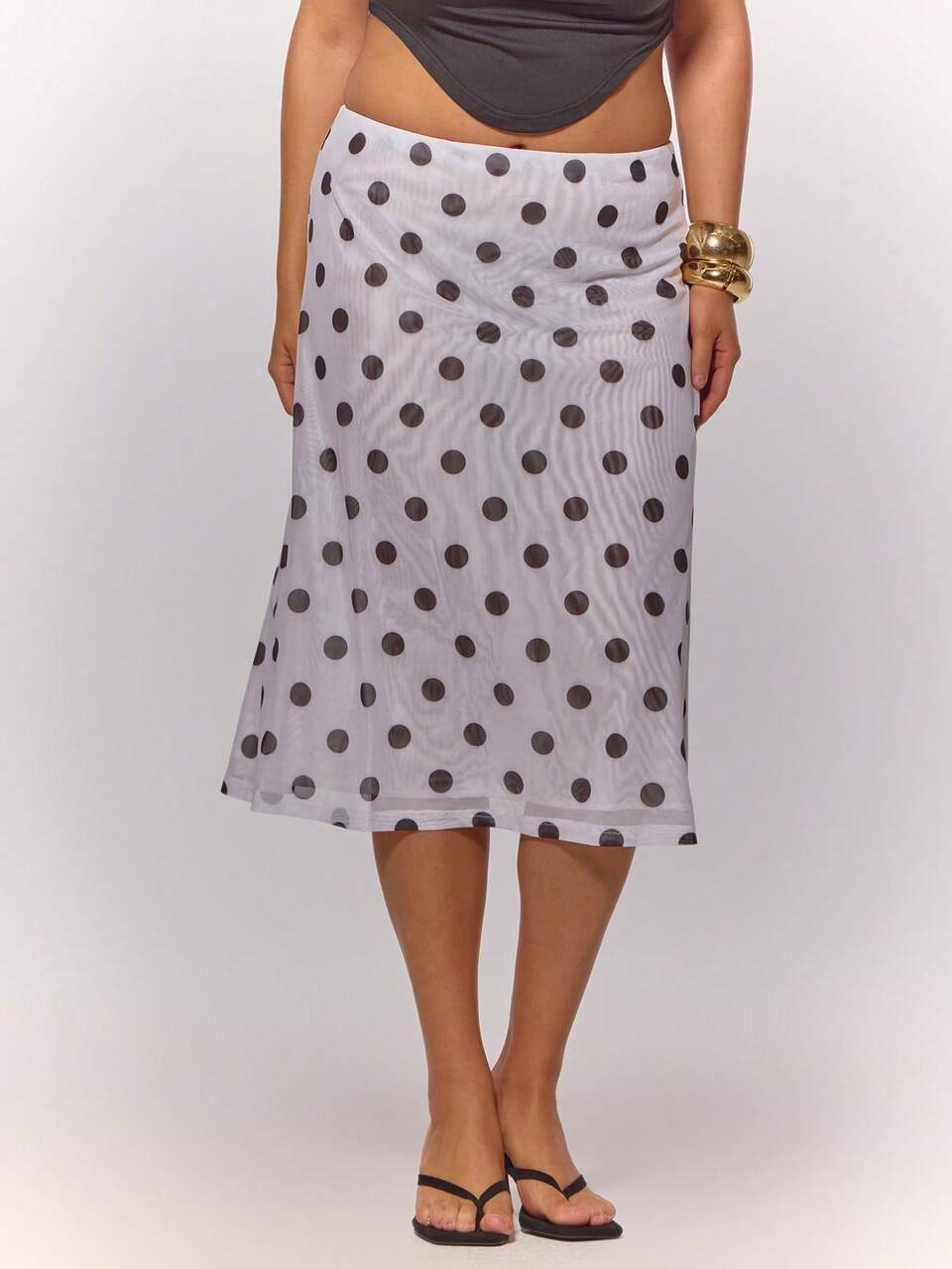 Curve Black And White Polka Dot Mesh Mid Rise Midi Skirt