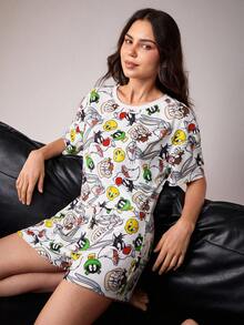 LOONEY TUNES X SHEIN Women's Round Neck Short Sleeve Top And Shorts Pajama Set, - White - View 3