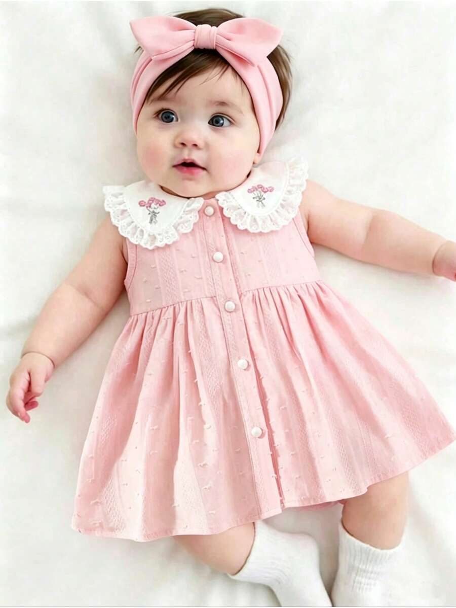 SHEIN Infant Girls' Cute Light Pink Summer Dress Elegant Sweet Embroidered Ruffle Collar Jacquard Fabric Sleeveless Cotton Dress For Parties 0-1 Years Old - Baby Pink - View 1