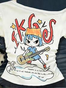 Camiseta casual de mujer con hombro asimétrico y mangas cortas a rayas - Blanco 3 - Ver 4