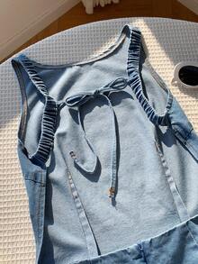 Comfortcana Đầm denim nữ không tay hở lưng, kiểu dáng thường ngày, có dây thắt eo, thích hợp cho mùa hè. - Màu xanh lam - Xem 5