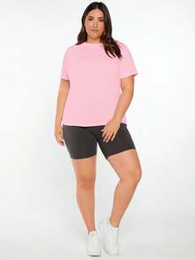 SHEIN BASICS Áo thun nữ cỡ lớn, màu trơn, cổ tròn, tay ngắn, kiểu dáng thường ngày, đa năng. - Màu Hồng baby - Xem 3