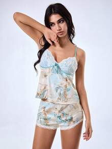 Y2Kool cha5rlie Set da notte casual in stile Y2K con patchwork di pizzo vintage, fiocco e motivo da angelo rinascimentale in azzurro chiaro, adatto per primavera/estate, casa, feste, vacanze, festival musicali, uso quotidiano - Blu - Visualizzare 3