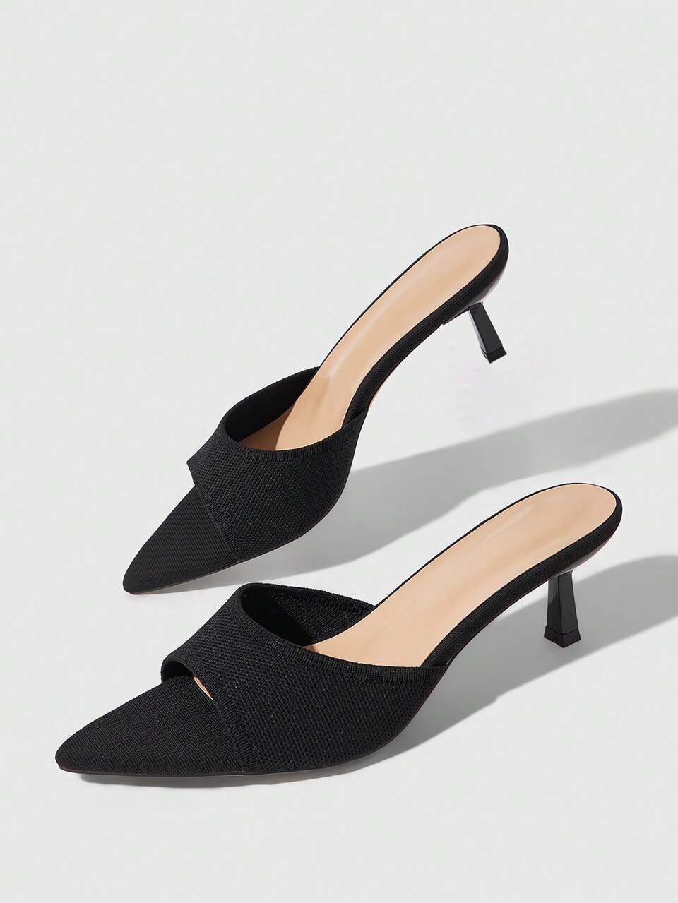 CUCCOO BASICS Ladies Stiletto Kitten Heel Sexy Mueller Slip-On Open Toe High Heel Sandals Summer Breathable Knitted Black