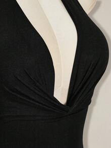 SHEIN ICON Y2K Sommer Damen Club Schwarzer Sexy Ausgehparty Abschlussball einfarbiger tiefer drapierter Ausschnitt Neckholder Romper - Schwarz - Übersicht 15