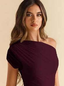 SHEIN BAE Body de mujer de unicolor con hombro asimétrico, manga corta y fruncido - Granate - Ver 8