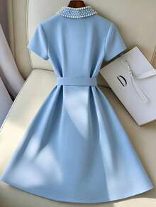 GlowEve Women's Solid Color Urban Casual Commuter Dress With Decorative Beads, Mid-Length - Blue - View 2