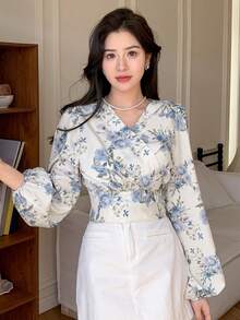 DAZY 女士雪纺印花长袖V领衬衫，长袖上衣，秋季女装度假装扮，复活节波西米亚风 - 藍色 - 查看 3