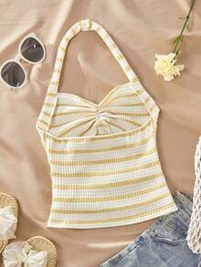 Sparklyn Regata Decote Halter com Estrela-do-mar | Top Curta Franzida Ajustada com Laço Removível Adequada para Meninas Pré-Adolescentes Silhueta Curta, Decoração de Estrela-do-mar Fresca e Limpa | Elementos Doces de Estilo Marinho, Adicionando uma Sensação Requintada Decote Halter + Laço Removível | Estilo Flexível, Estilo de Uso Ajustável Tecido Franzido Ajustado | Conforme o Ajuste Justo Sem Aperto, Confortável e da Moda - Amarelo - Visão 2