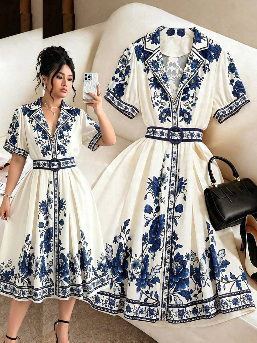 Franclia Váy ngắn size lớn họa tiết sứ xanh trắng tay cánh hoa, trang phục du lịch thanh lịch cho nữ, váy hoa mùa hè chiết eo cho khách dự đám cưới - trắng - Xem 1
