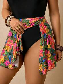 Travachic Plus Size Women Black Patchwork Print One-Piece Swimsuit - Multicolor - View 6