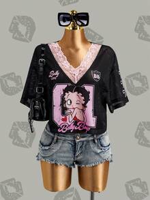 Betty Boop x SHEIN Women's Contrast Lace V-Neck Short Sleeve T-Shirt, - Black - View 1