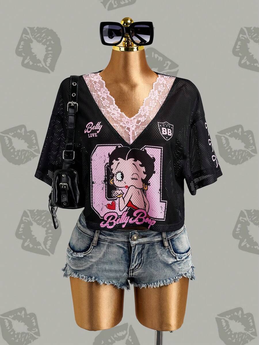 Betty Boop x SHEIN Women's Contrast Lace V-Neck Short Sleeve T-Shirt, - Black - View 1
