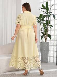 SHEIN Clasi Plus Size Women's Navy Blue Striped Lapel Short Sleeve A-Line Work Commute Dress - Pale Yellow - View 3