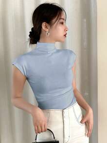 DAZY Women's Plain Color Stand Collar T-Shirt Summer - Blue - View 5