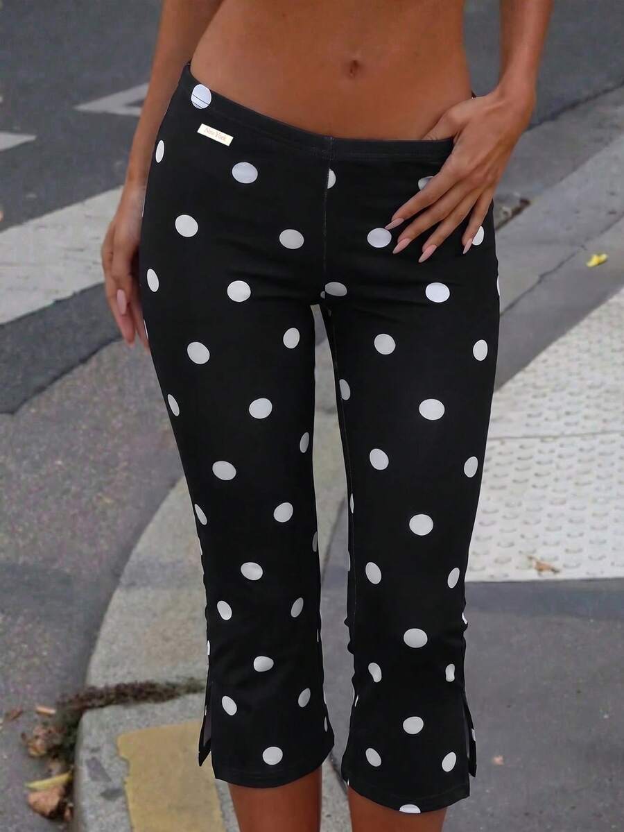 SHEIN EZwear Quần legging nữ dài đến khuỷu tay, họa tiết chấm bi trắng. - màu đen - Xem 1
