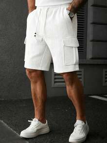 Manfinity Homme 男士米色纹理针织提花工装口袋抽绳腰休闲短裤，适合度假穿着 - 白色 - 查看 6