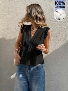 Serisse Blusa de verano holgada con cuello en V, mangas cortas y volantes en el bajo - Negro - Ver 4