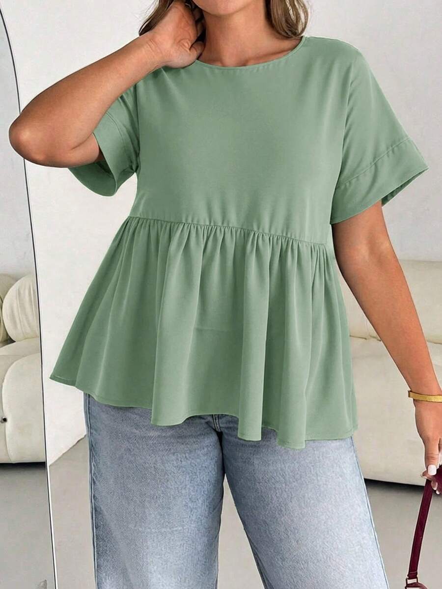SHEIN Essnce 大码女装春夏时尚休闲宽松舒适日常透气短袖黑色衬衫,外出上衣,曲线可爱上衣,工作上衣,女式衬衫 - 薄荷綠 - 查看 1