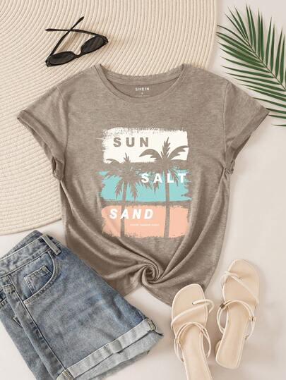 Resyla Women's Summer Palm Tree & Letter Print Crew Neck Short Sleeve Casual T-Shirt SUN SALT SAND SEASIDE PARADISE HAWAII Graphic Tees Women Tops