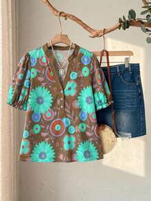 SHEIN CURVE+ 大码女式夏季休闲度假乡村宽松印花V领短袖衬衫上衣，适合夏季/花卉、夏季假期、春假、度假装扮、外出装扮、2026新款服装，简约时尚，日常穿着，休闲度假波西米亚风上衣，花卉衬衫，女士夏季衬衫，复古女式上衣，适合夏季、度假、通勤、日常穿着 - 棕色 - 查看 6