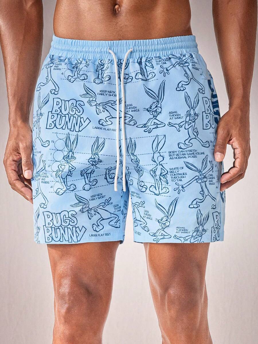 LOONEY TUNES X SHEIN Quần short đi biển nam họa tiết hoạt hình dễ thương, có dây rút và túi ở eo. - Màu xanh lam - Xem 1