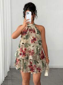 Elenzga Plus Size Women's Elegant Beige Summer Boho Vacation Holiday Chiffon Jacquard Double-Layer Sleeveless Bubble Hem Dress With Tie For Party Wedding - Apricot - View 3