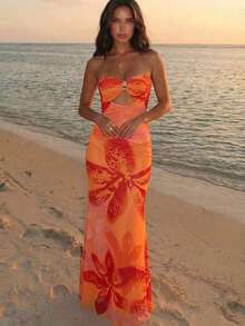 Aloruh Women's Elegant Tropical Orange Red Floral Print Bandeau Mesh Maxi Dress, Summer Casual Holiday Vacation Guest Gown For Wedding Beach Party - Orange - View 8