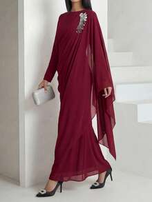 Veilorie Women's Elegant Rhinestone Decor Asymmetrical Sleeve Ruched Waist Arabic Style Dress - Burgundy - View 8