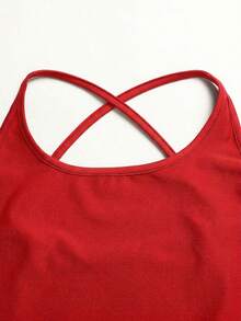 SHEIN Girlism Vestido Esportivo Casual para Menina Tween, Estilo Regata com Decote Cruzado, Cor Sólida, para Yoga e Tênis, com Legging Embutida, Design Anti-Exposição e Bolso, Preto - Vermelho - Visão 6