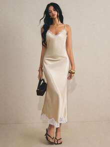 Poéselle Women's Solid Color Contrast Lace Elegant Maxi Slip Dress Day Party Cream Summer - Champagne - View 2