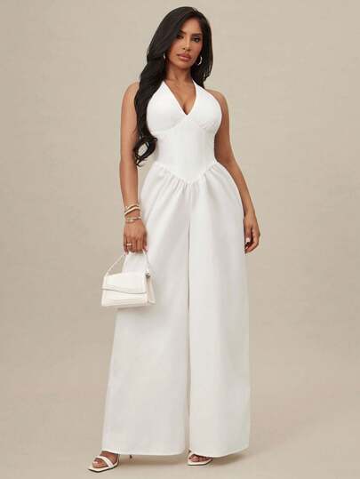 Radiana Women's Summer Sexy Minimalist Casual Chic White Fitted Waist Jumpsuit, White Jumpsuit, Casual Jumpsuit, Leisure Jumpsuit, Casual Outfit, Date Outfit, Holiday Jumpsuit, Daily Casual Outerwear, Beach Casual Pants, Summer Outfit, Commute Outfit, Office Outfit, Beachwear, Casual Women's Clothing
