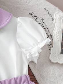 SHEIN Elladie kids Conjunto elegante y lindo para niña con camisa de cuello Peter Pan, botones de perla y mangas con volantes, talla grande shorts cortos con lazo y perlas - Morado - Ver 5