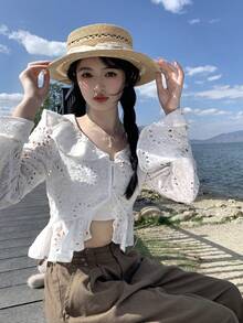 DAZY 女士网纱韩版春夏长袖休闲上衣 - 白色 - 查看 4