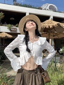 DAZY 女士网纱韩版春夏长袖休闲上衣 - 白色 - 查看 9