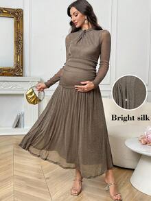 SHEIN Đầm bầu dài tay ôm dáng, màu trơn, kiểu xoắn phía trước, thanh lịch. - Màu be - Xem 1