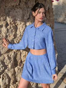 CasuGlow Pastal Linen Two Pieces Set – Button-Up Shirt And Pleated Mini Skirt Golf Summer Sexy - Blue - View 6