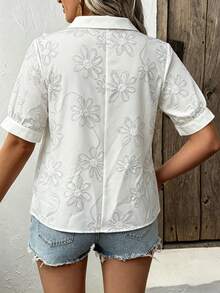 Nubod Blusa holgada de cuello redondo informal de talla grande, de tela con estampado floral 3D, adecuada para uso diario, ir al trabajo y vacaciones - Blanco - Ver 2