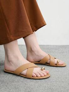 CUCCOO BIZCHIC Ladies' Elegant Summer Camel PU-Faced Flat-Bottomed Slippers - Camel - View 4