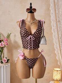 Bellisia Bộ đồ bơi 2 mảnh nữ xuân/hè 2026 mới, áo camisole cổ chữ V hở lưng xếp ly dây rút họa tiết chấm bi & bikini tam giác - Nhiều màu - Xem 1