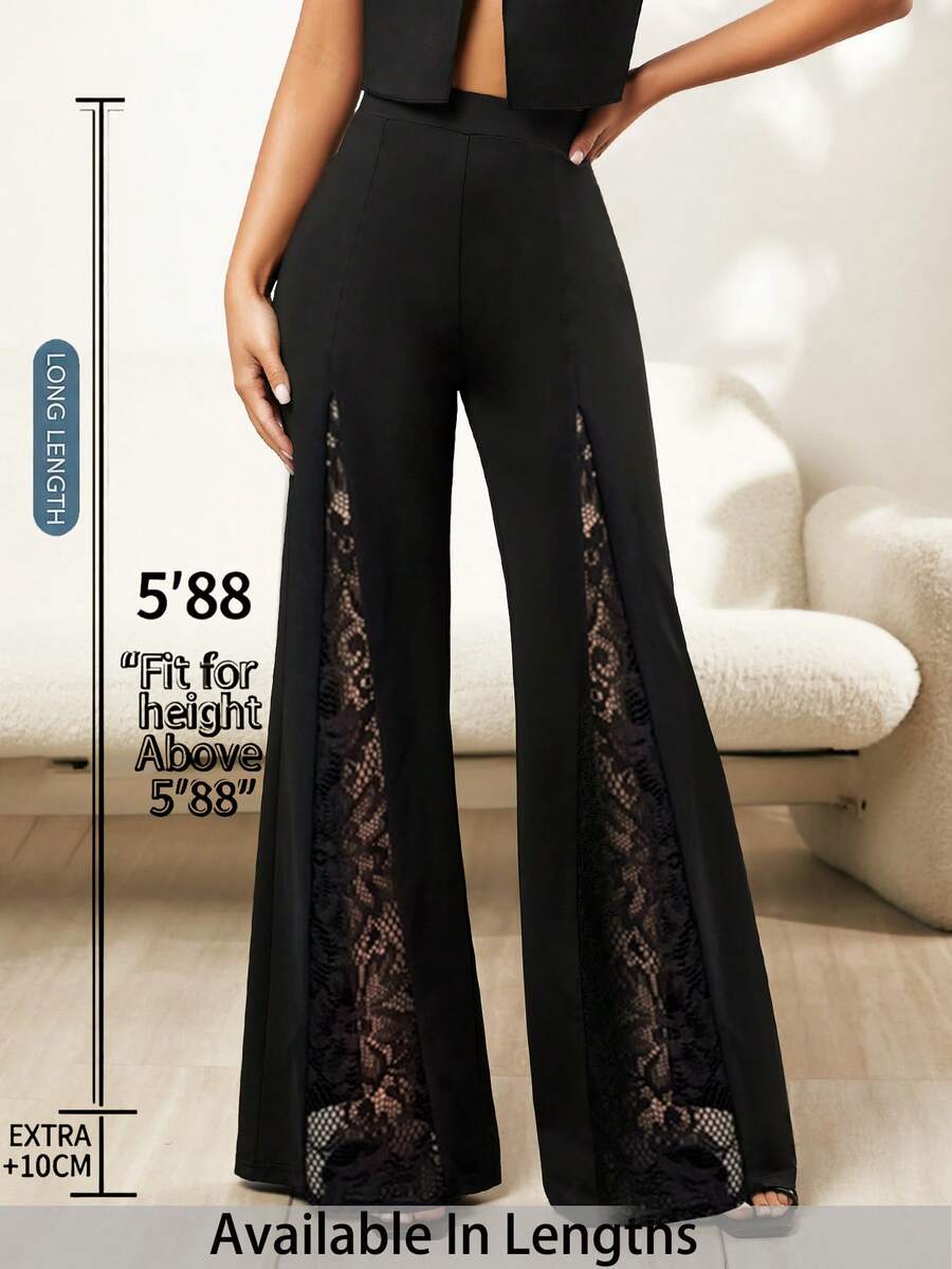 SHEIN Tall CURVE Quần ống loe ren phối màu tương phản gợi cảm dành cho nữ cỡ lớn - màu đen - Xem 1