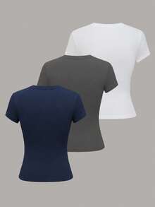 Plivvot Camiseta casual de mujer de manga corta de unicolor, versátil - Multicolor 10 - Ver 2