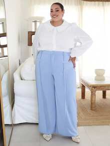 Pretty and Ole Plus Size Solid Color Front Button Pocket Casual Long Pants, Everyday Wear - Baby Blue - View 1