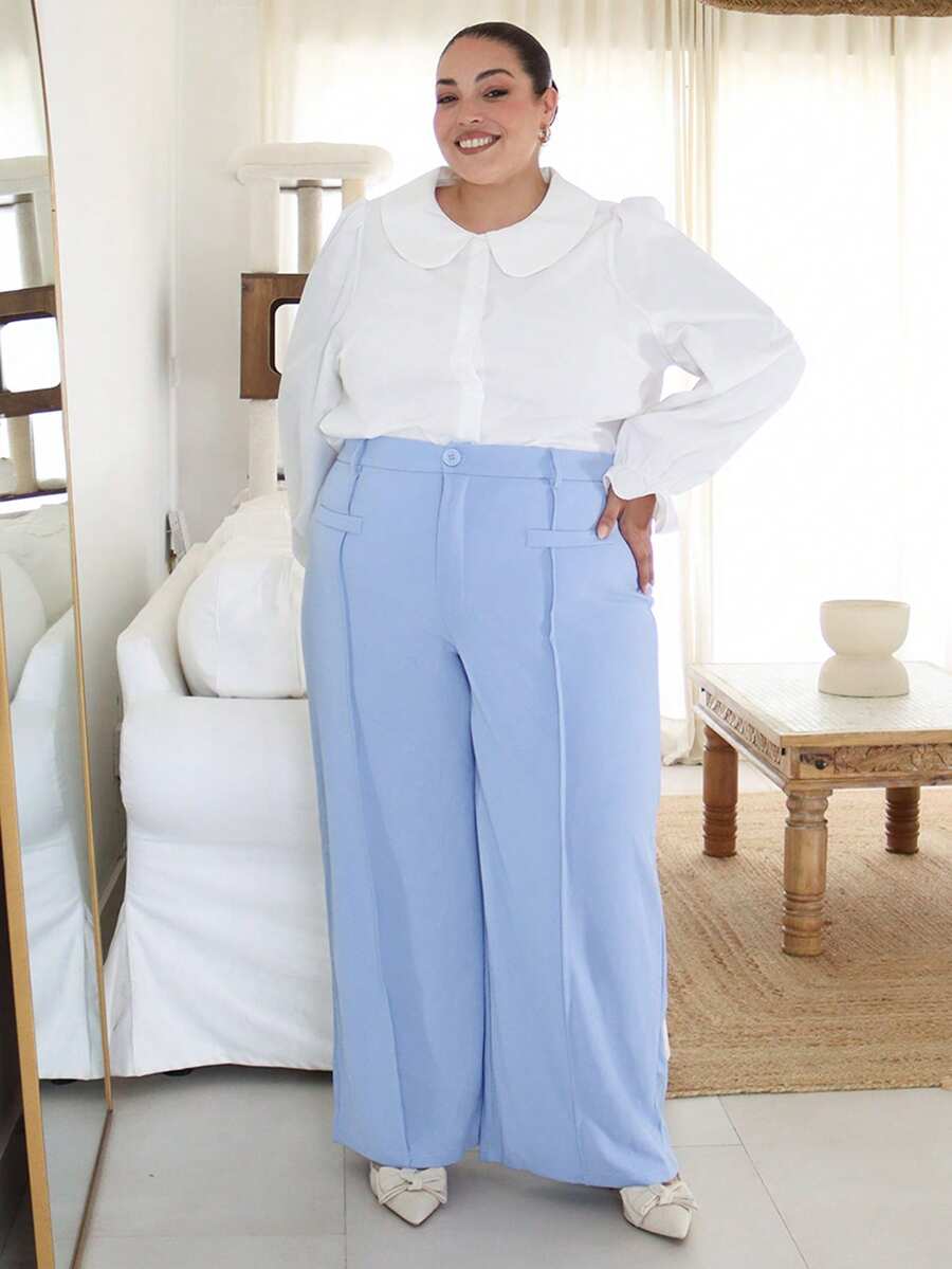 Pretty and Ole Plus Size Solid Color Front Button Pocket Casual Long Pants, Everyday Wear - Baby Blue - View 1